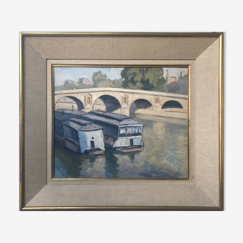 Tableau HSP "Pont de Paris avec péniches" Seine signé 1941