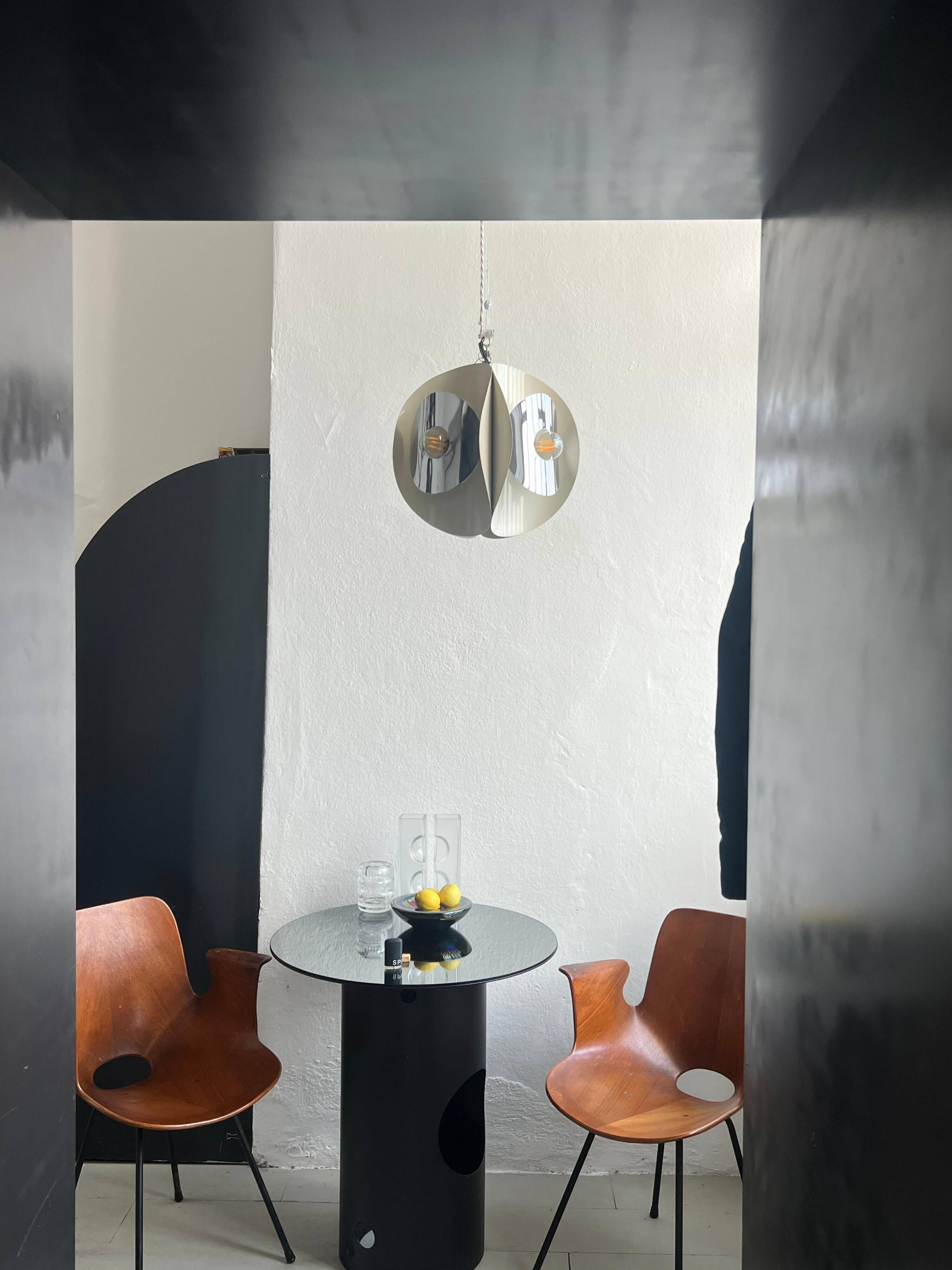 Vintage Space Age pendant  in white Steel and Chrome , 1970's Italian
