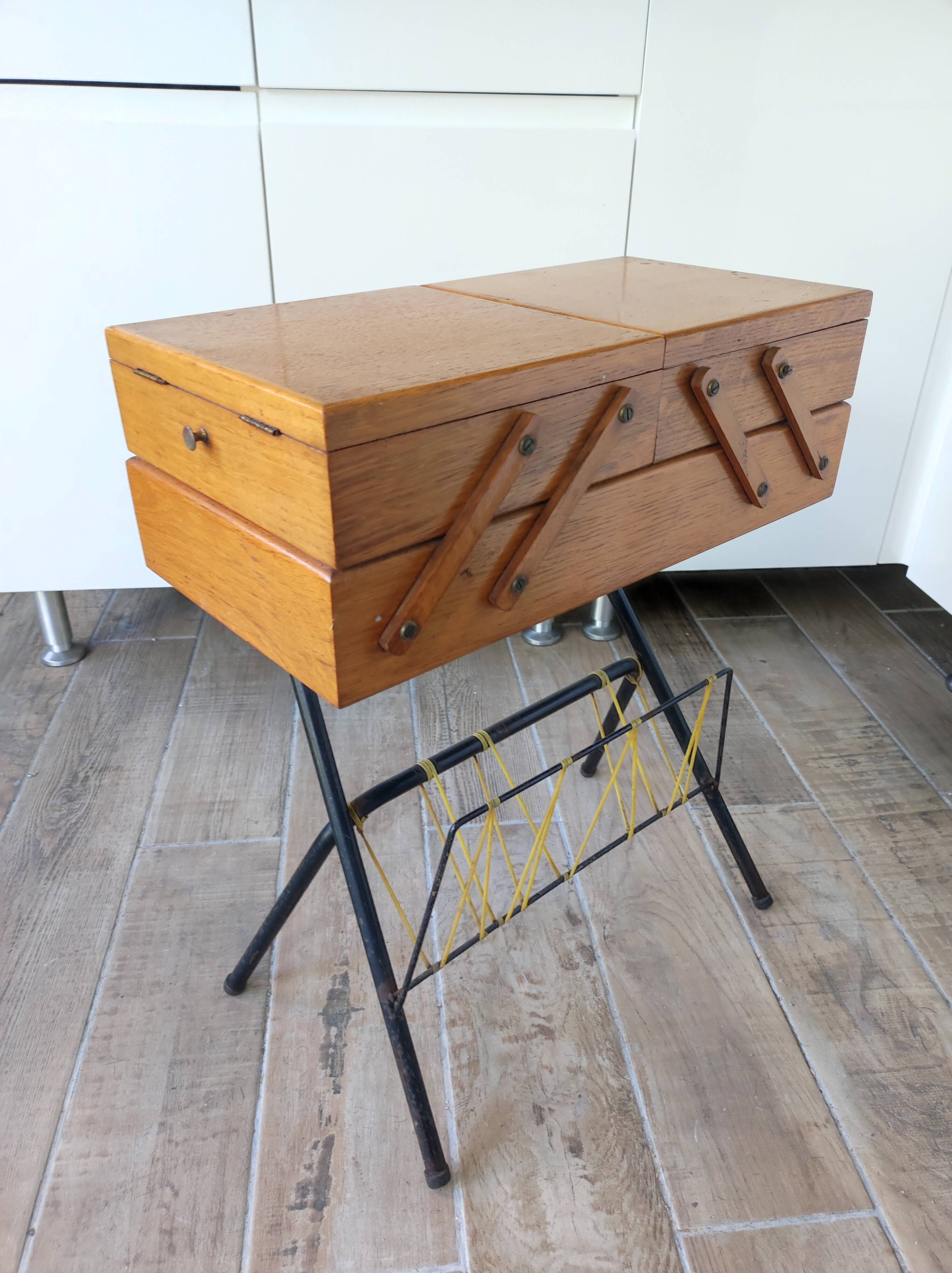 Worker sewing box door magazines steel wood scoubidou yellow vintage