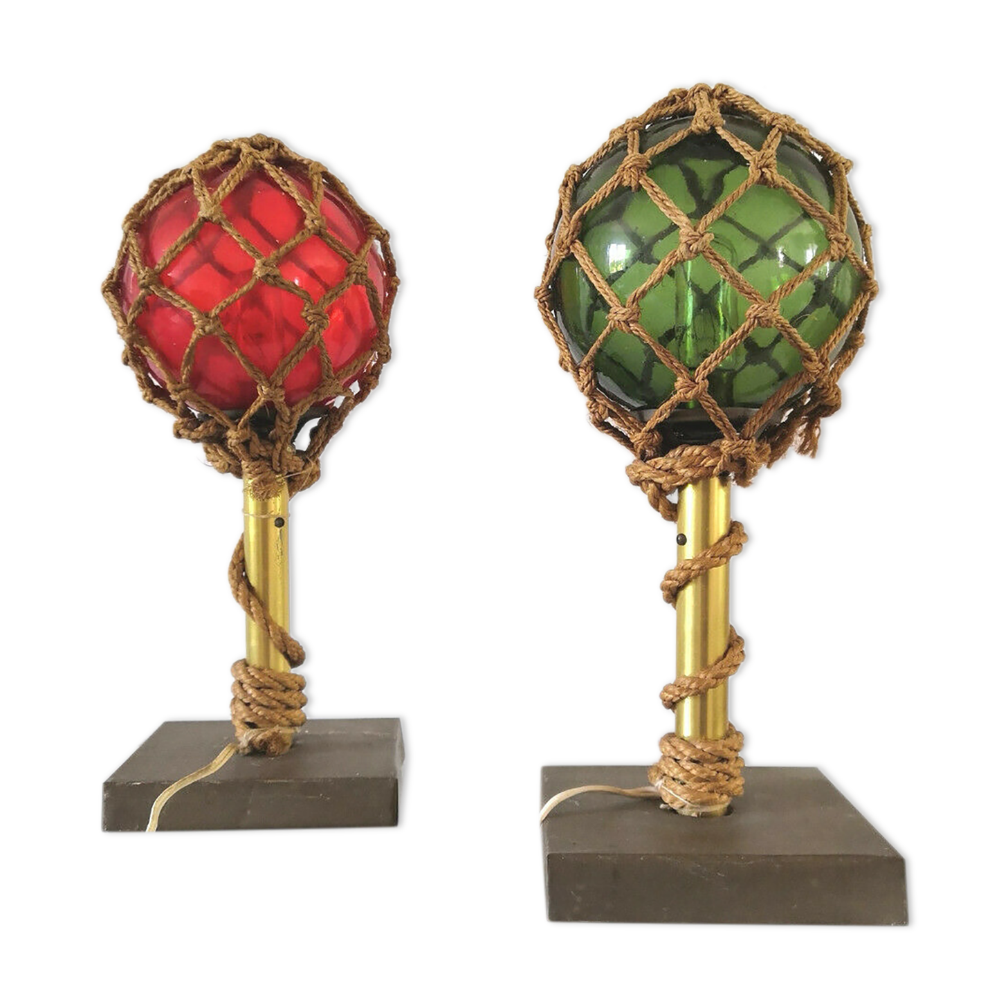Paire de lampes corde et flotteurs de filets design années 60 - 70