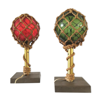 Paire de lampes corde et flotteurs de filets design années 60 - 70