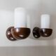 Vintage wall sconces from the 1960s, set of 2, dark wood with white glass shades, Mid-Century Modern lighting, sculptural wall sconces.