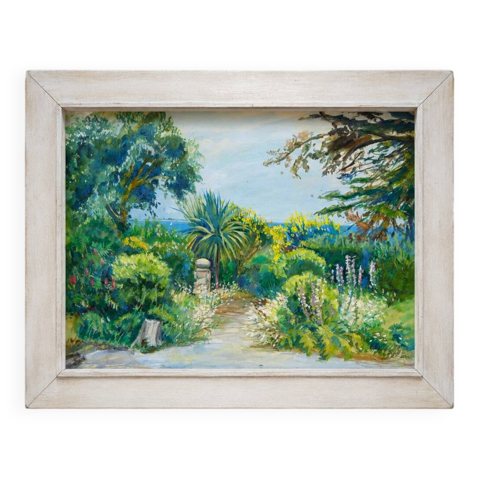 Jardin Méditerranéen – Peinture originale signée, paysage lumineux avec vue