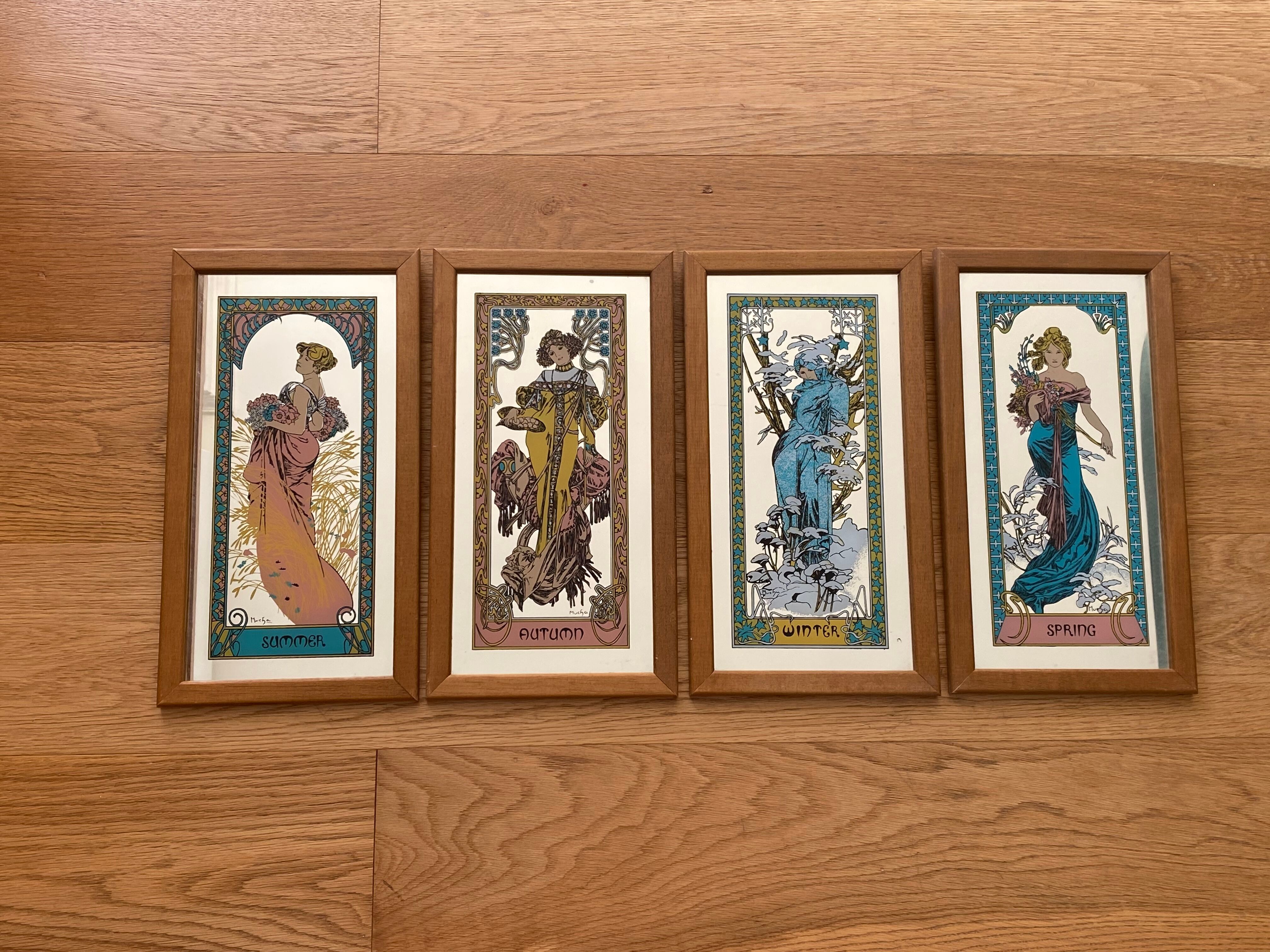 Set of 4 screen-printed Mirrors Mucha, the 4 seasons