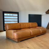 Vintage 3-seater sofa Gérard Guermonprez fawn and stainless steel leather, France 1970