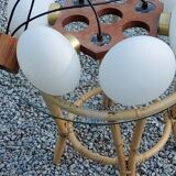 Scandinavian teak and white opaline chandelier with 6 lights from the 70s