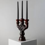 Large brown glazed ceramic candle holder for 3 candles - Brutalist mid-century Estonian design, 1960s