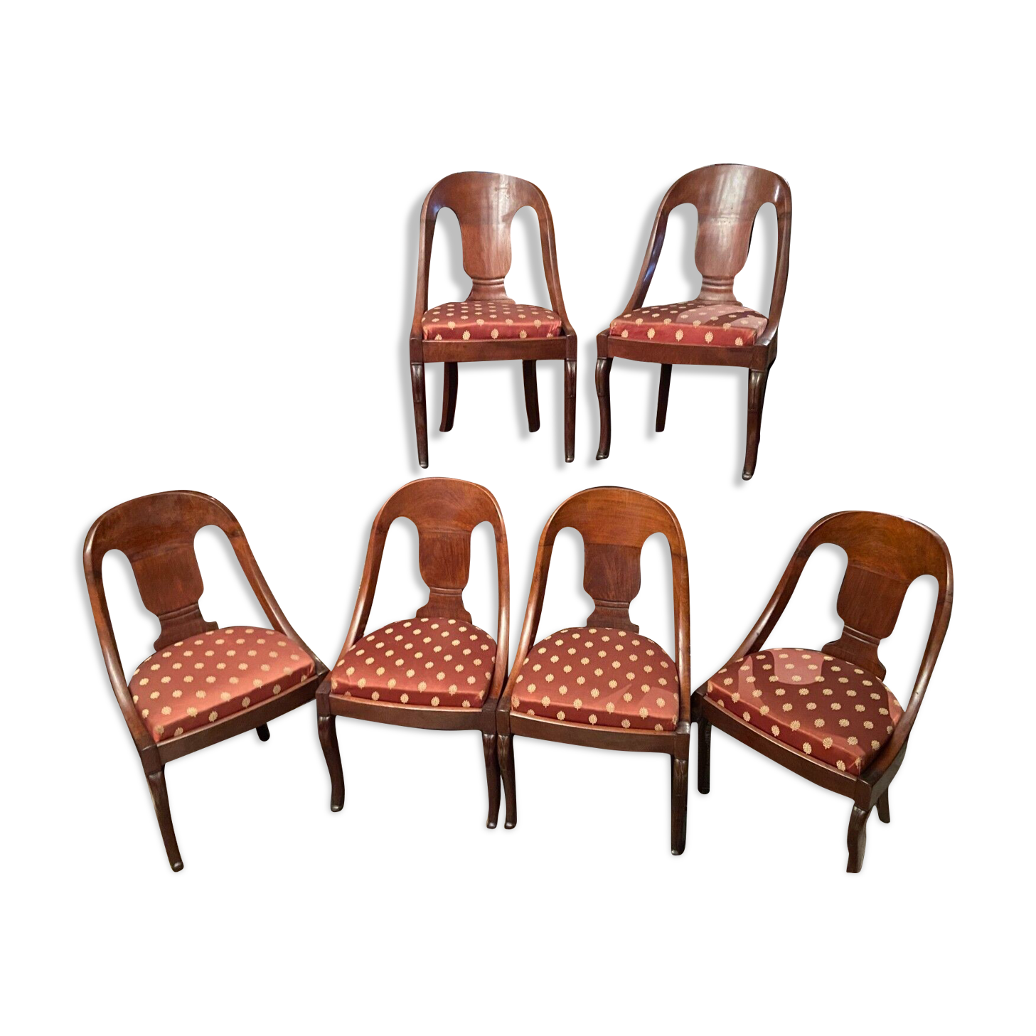 Suite of 6 gondola chairs in solid mahogany period early nineteenth Restoration