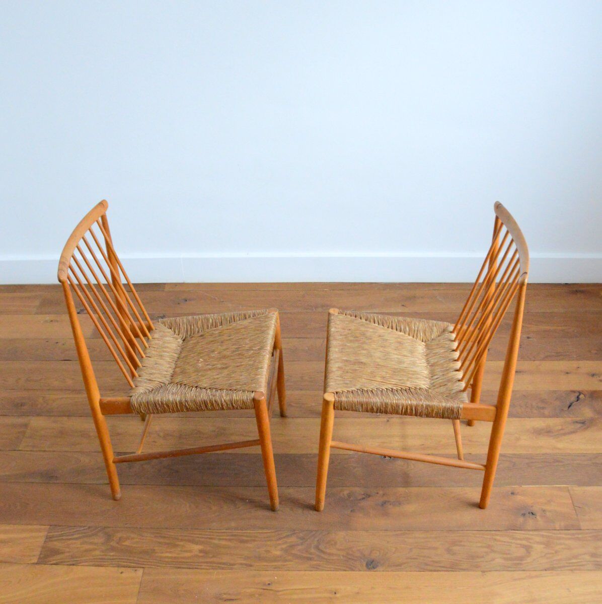 Pair of Dutch chairs wood and vintage straw 1950