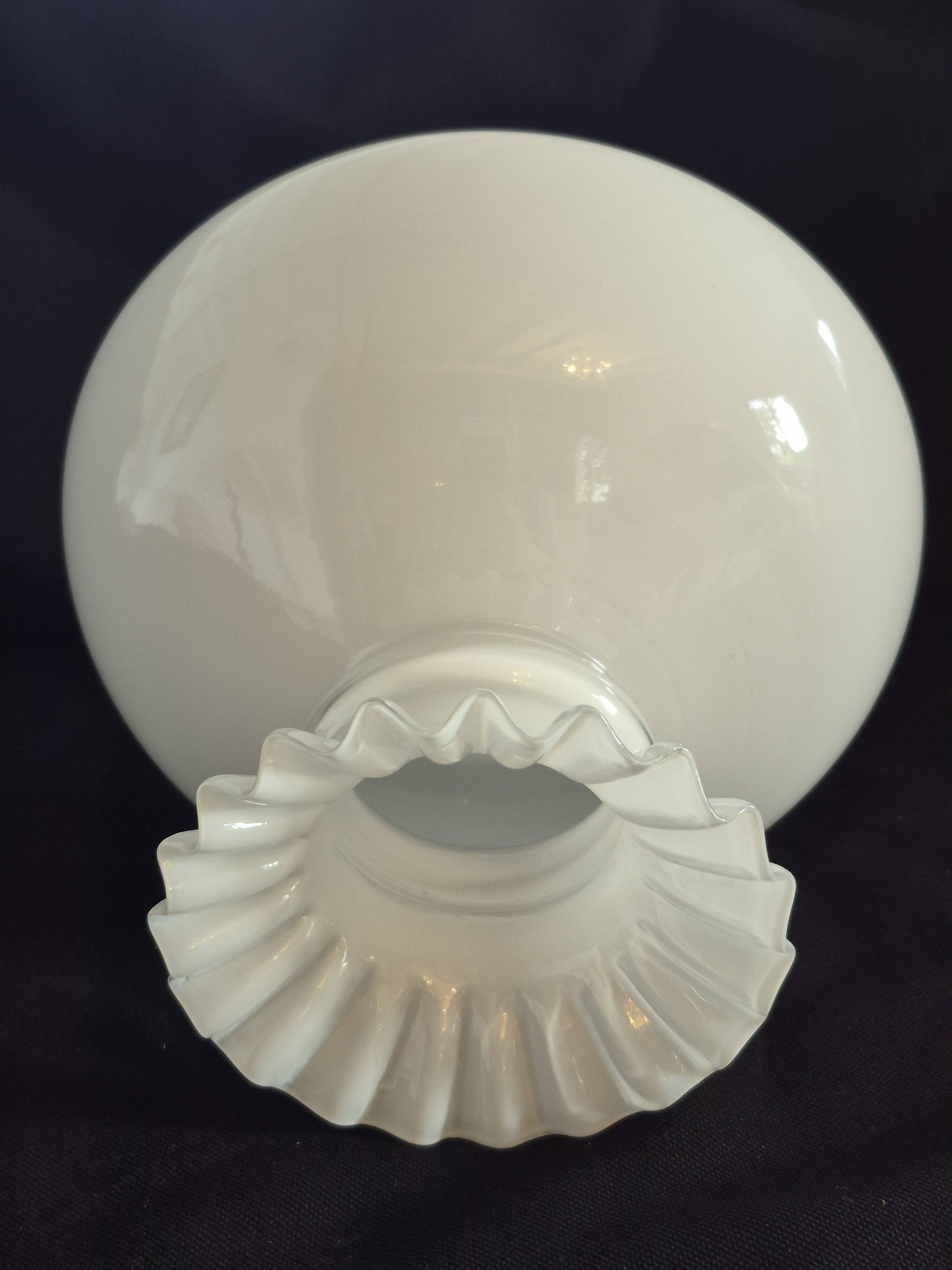 Antique lampshade in white opaline, with a beautifully pronounced scalloped neck.