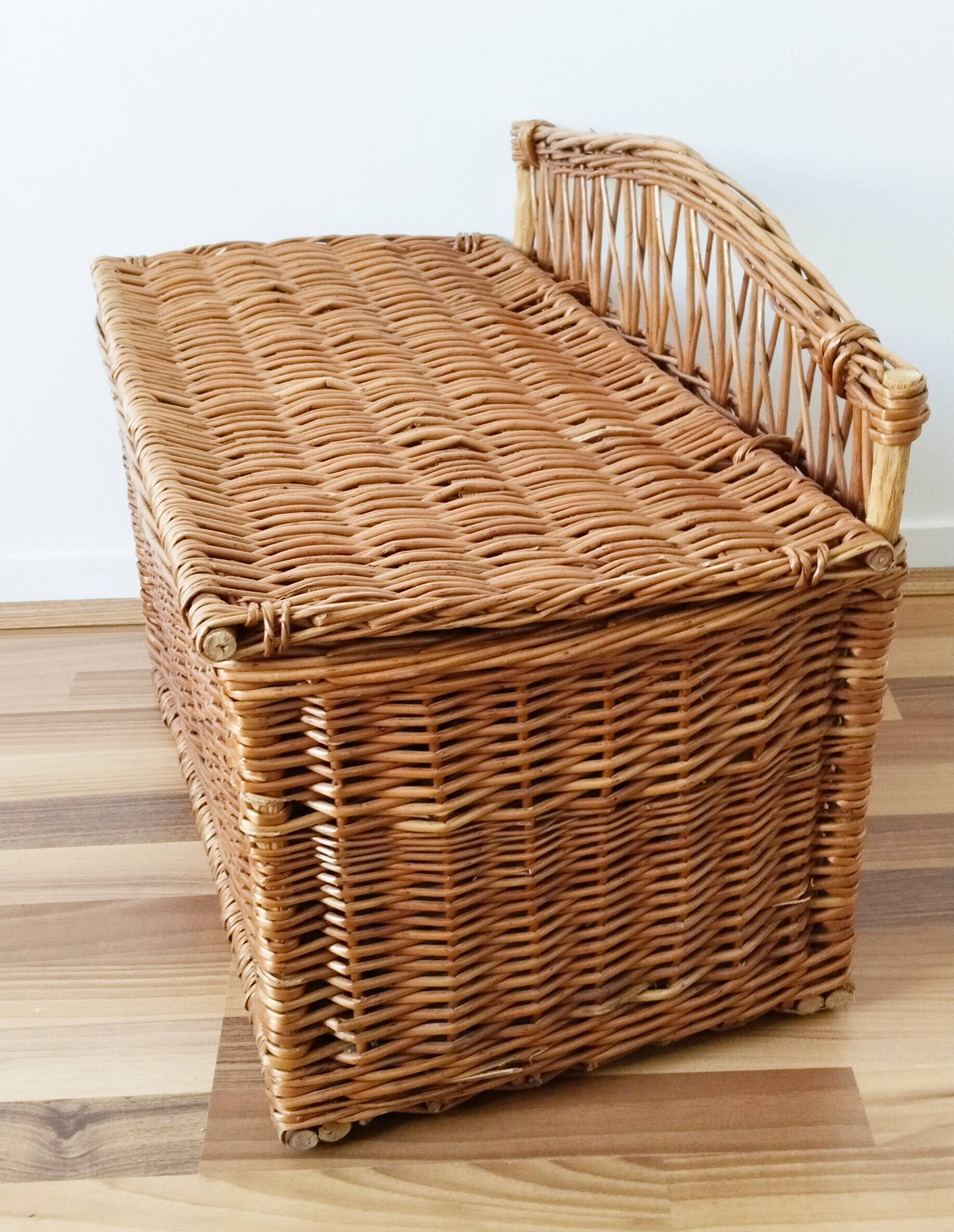 Antique rattan and wicker toy chest, bench, bed end