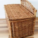 Antique rattan and wicker toy chest, bench, bed end