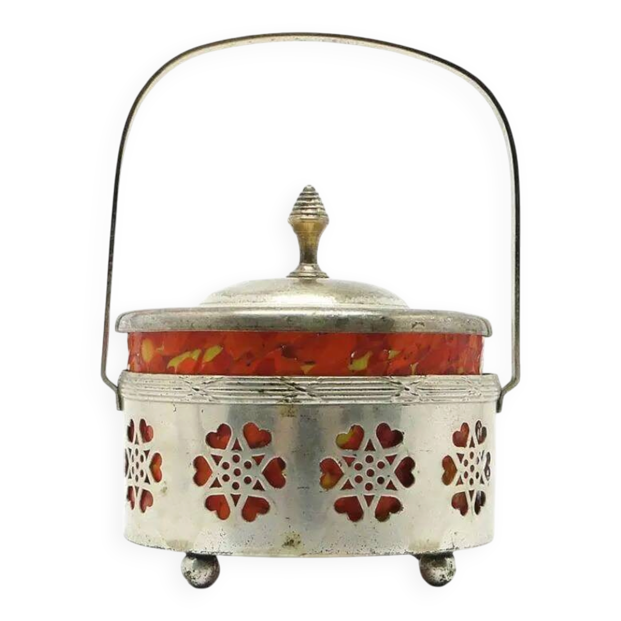 Art Nouveau sugar bowl, silver-plated brass, orange glass, Germany, early 20th century