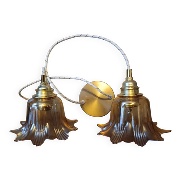 Suspension cascade 2 verres tulipes ambrés, vintage upcyclé