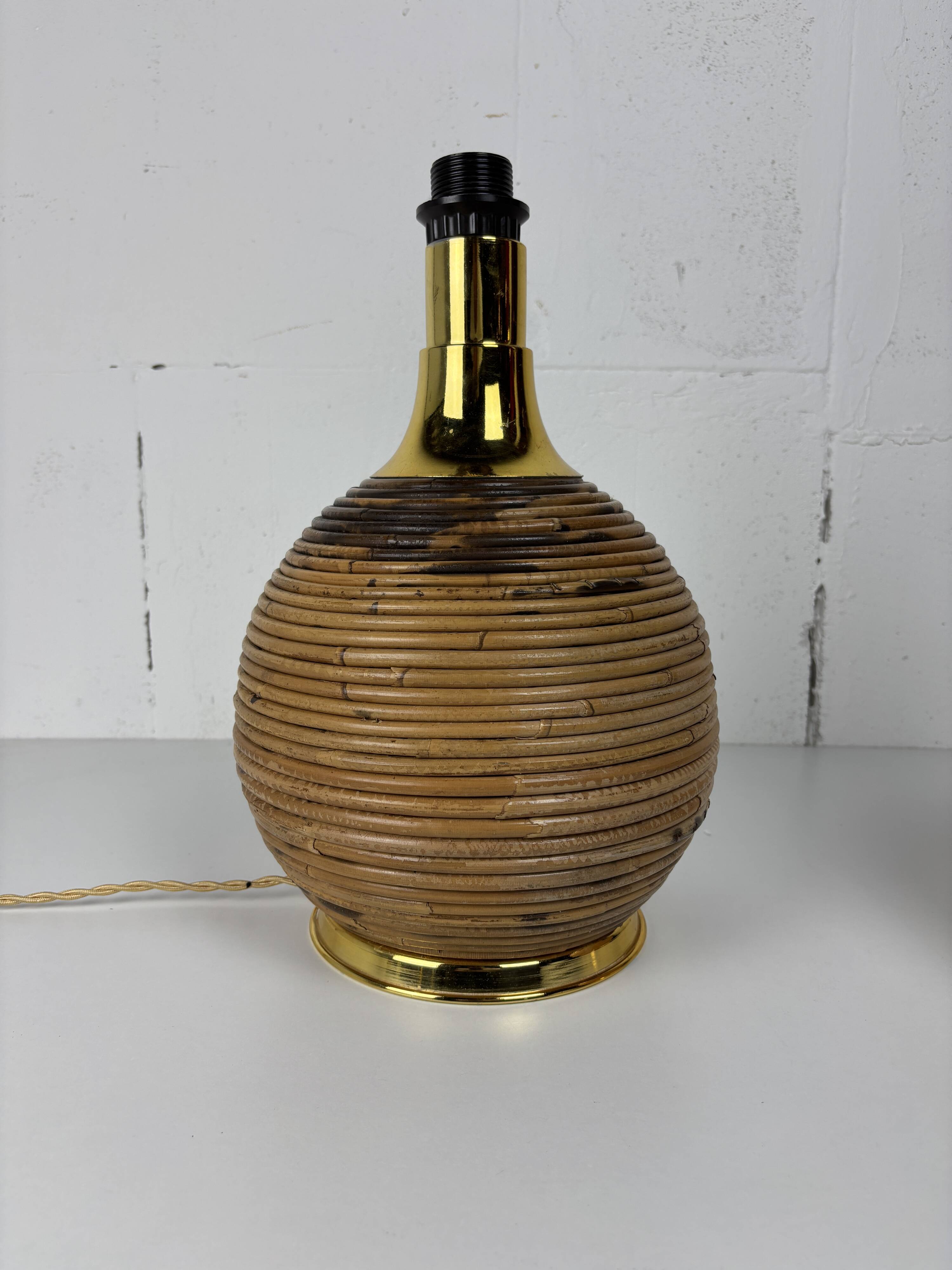 Large midcentury pencil reed rattan bamboo and brass table lamp Italy 1970s