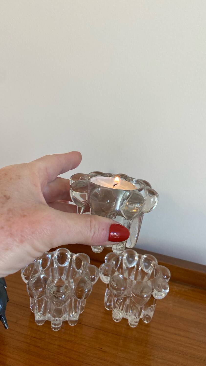 Trio of flower candle holders in molded glass from Reims