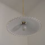 Vintage French White Opaline Glass Pendant Light Clear Glass Edge 5407