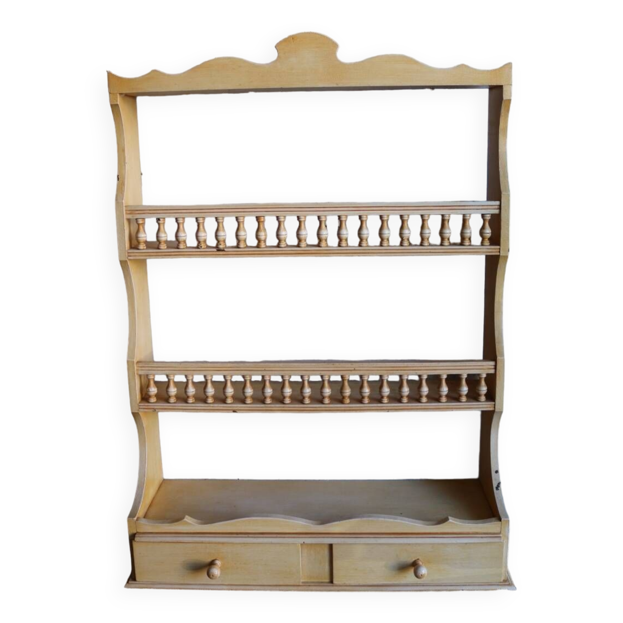 Vintage painted turned wood wall shelf