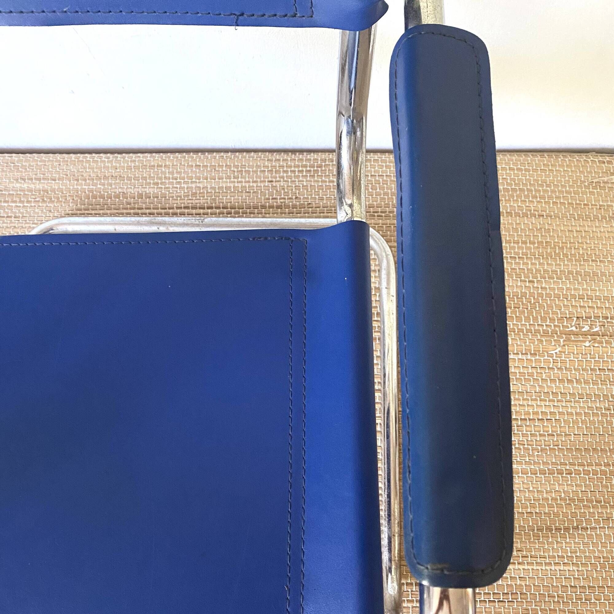 Office chair in blue imitation leather and chrome metal, Matteo Grassi style