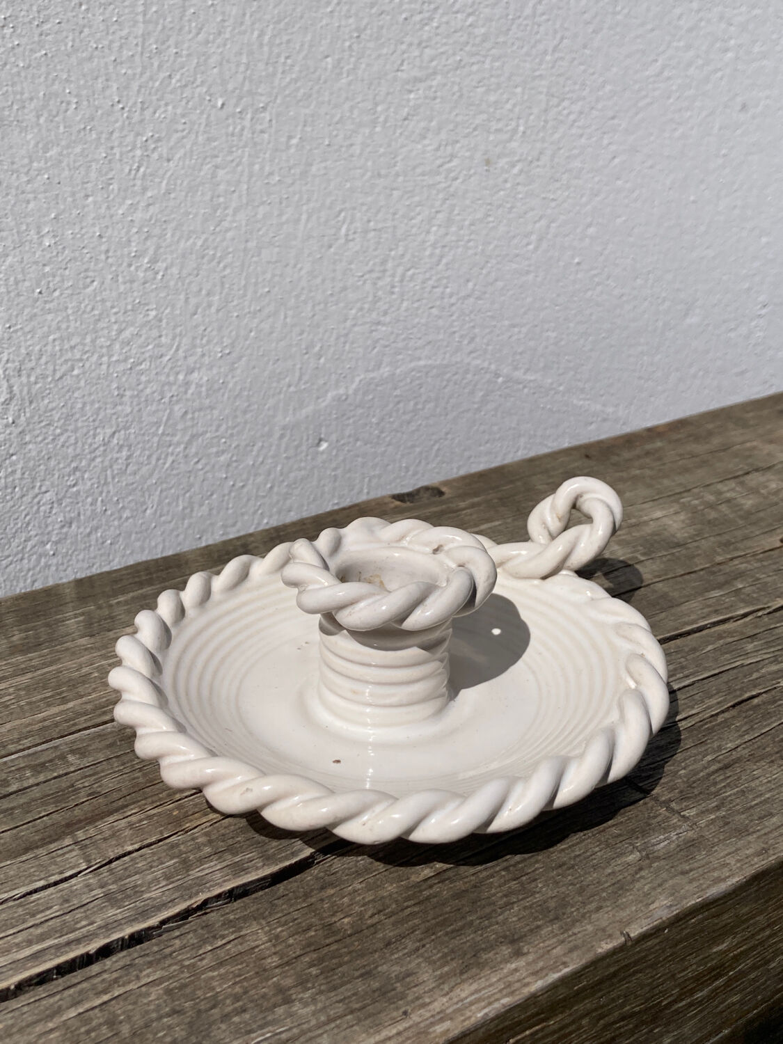 White ceramic candle holder twisted antique rope