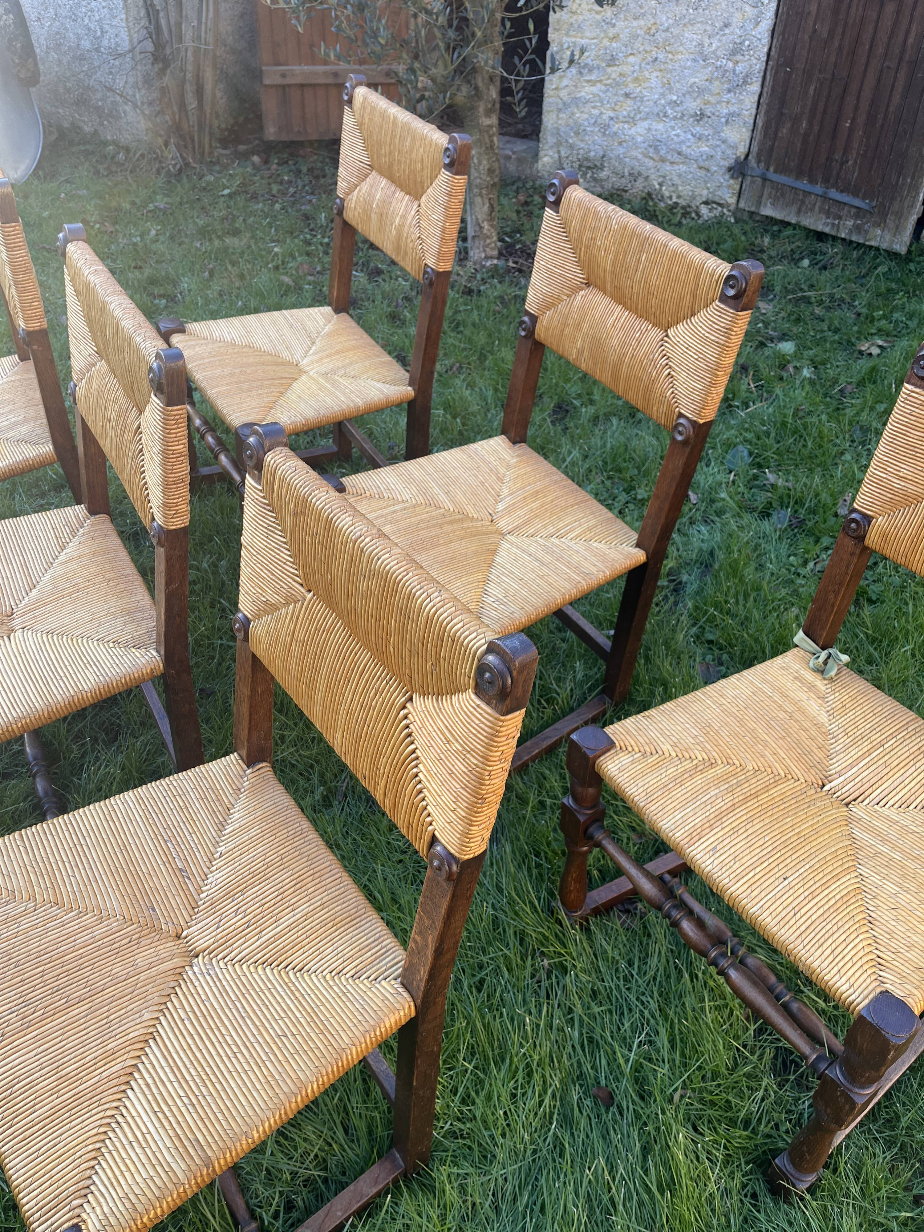 Set of 6 wooden and straw chairs