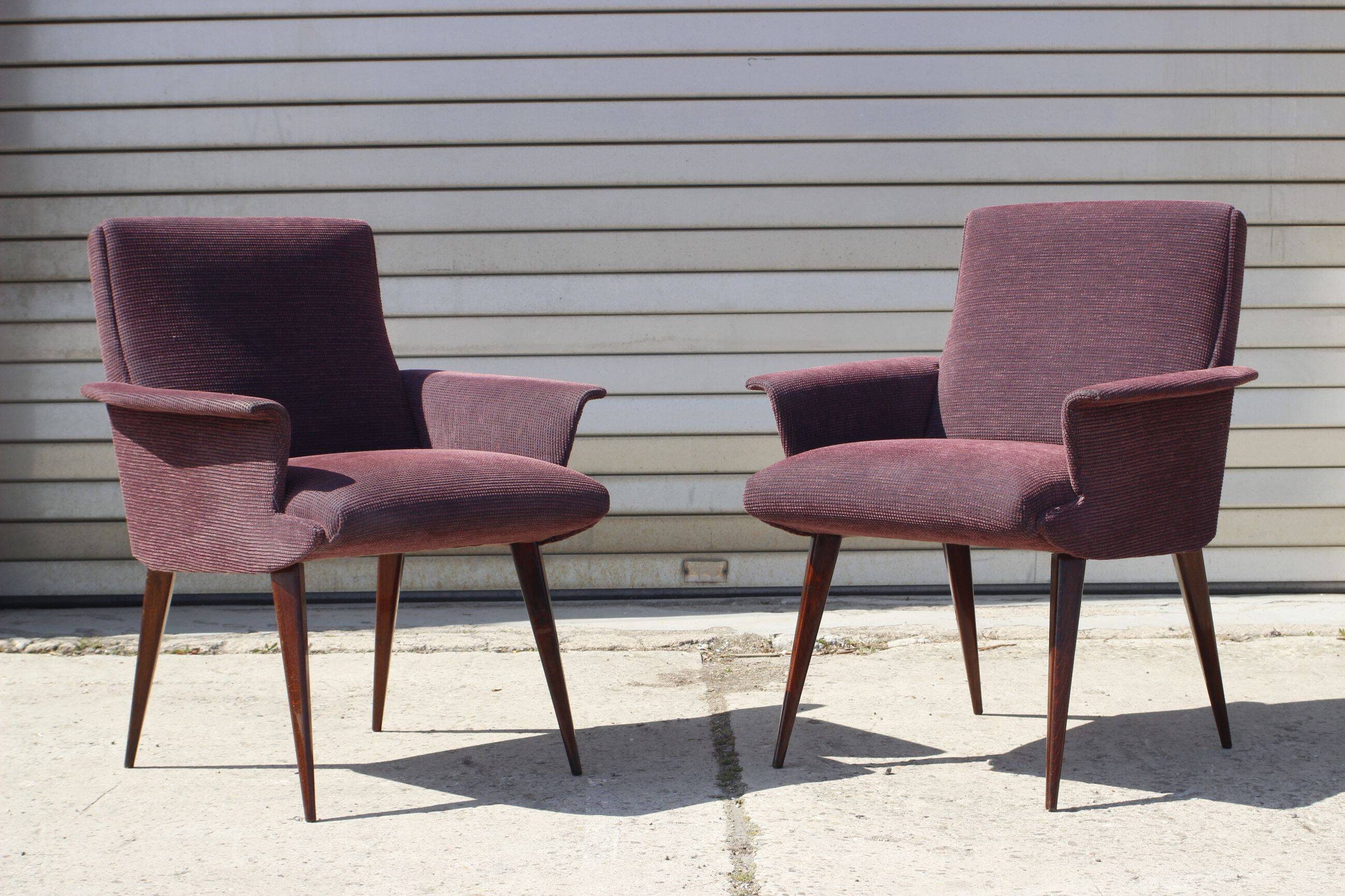 Pair of vintage purple velvet compass foot armchairs 1950s
