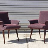 Pair of vintage purple velvet compass foot armchairs 1950s