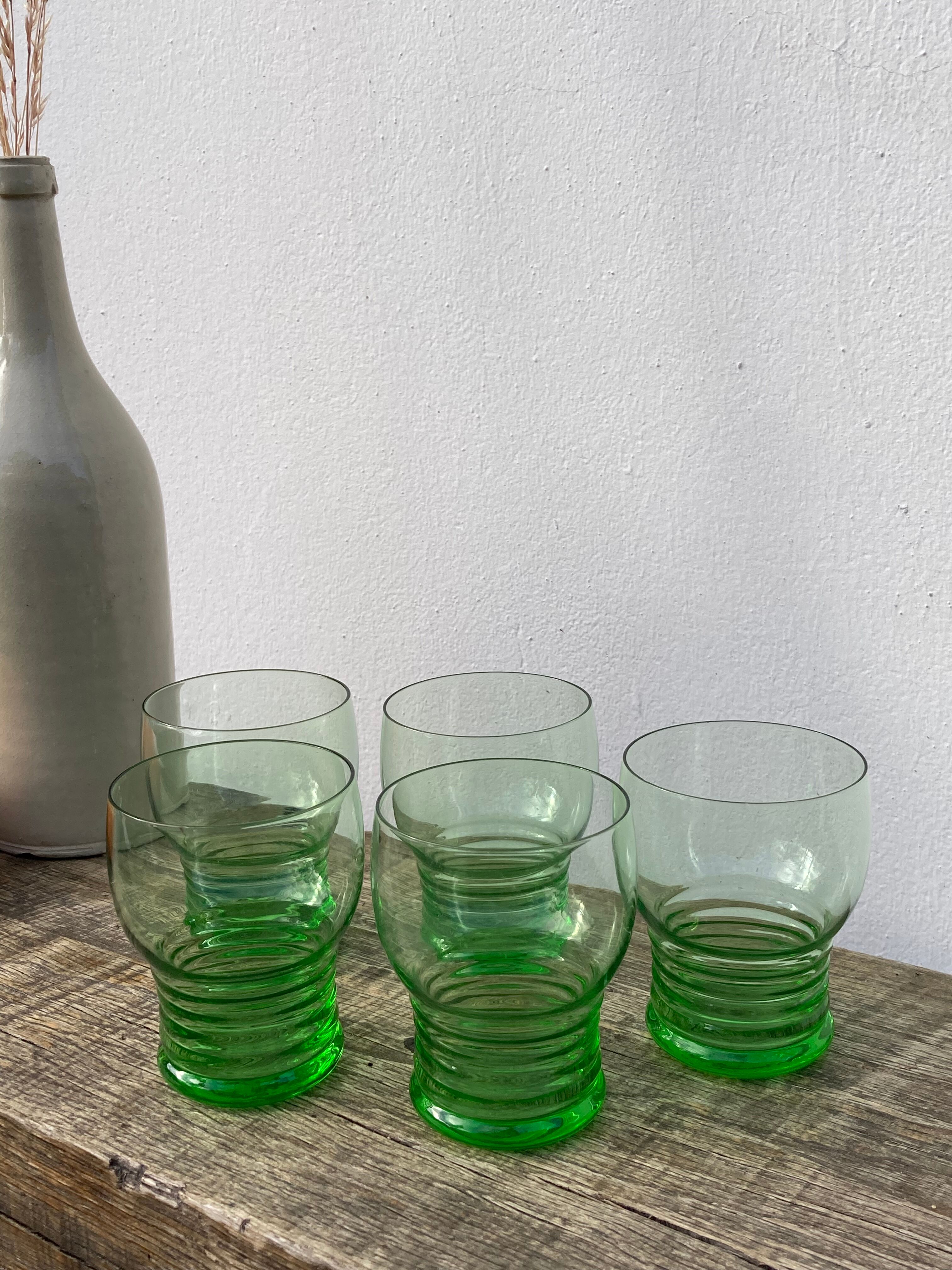 5 vintage green blown glass water glasses