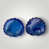 Set of 2 vintage shell butter dishes in stainless steel and cobalt blue glass