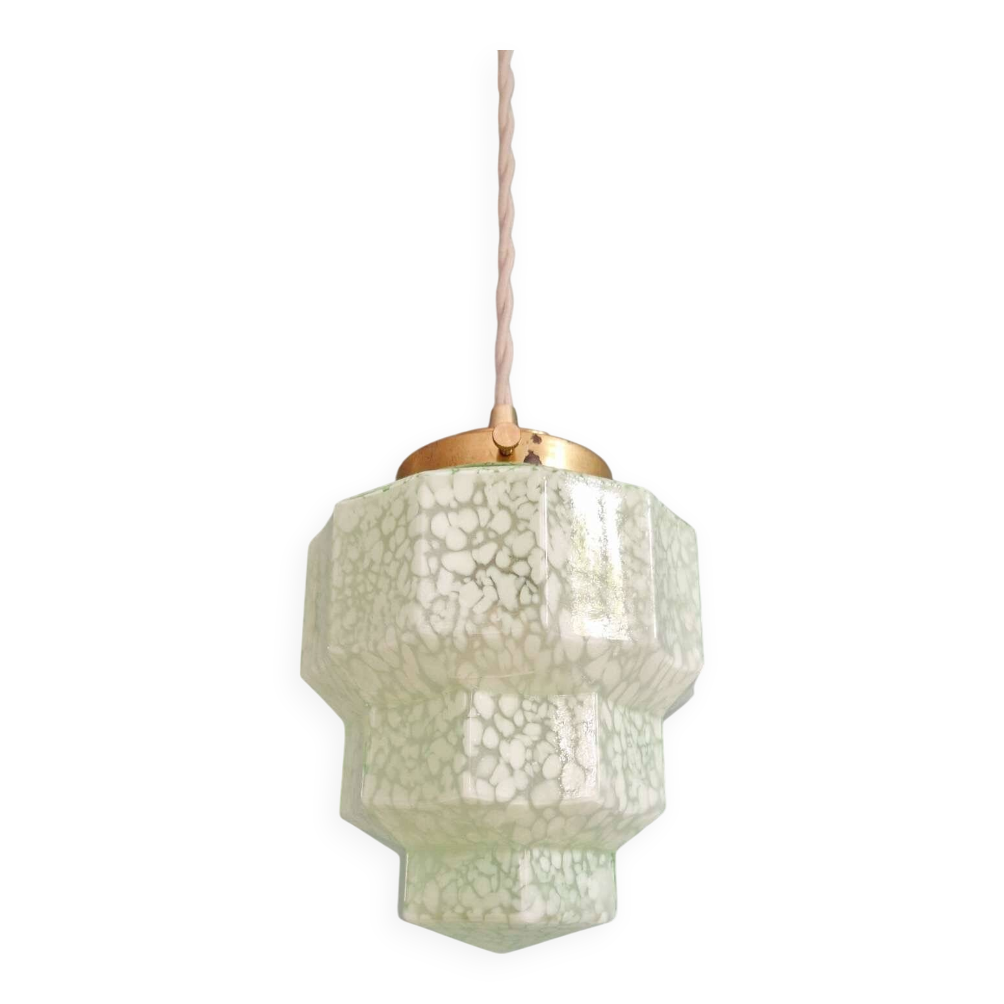 Art Deco skyscraper pendant light in speckled glass, 1920s-30s