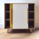 Vintage low sideboard with sliding doors in solid pine - 1960s design