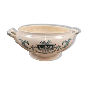 Bas de soupière ancien Lutèce Longchamp, Terre de fer crème décor vert
