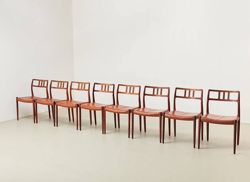 Niels Otto Moller Set of 8 Model 79 Dining Chairs in Rosewood and Leather for JL Mollers 1966