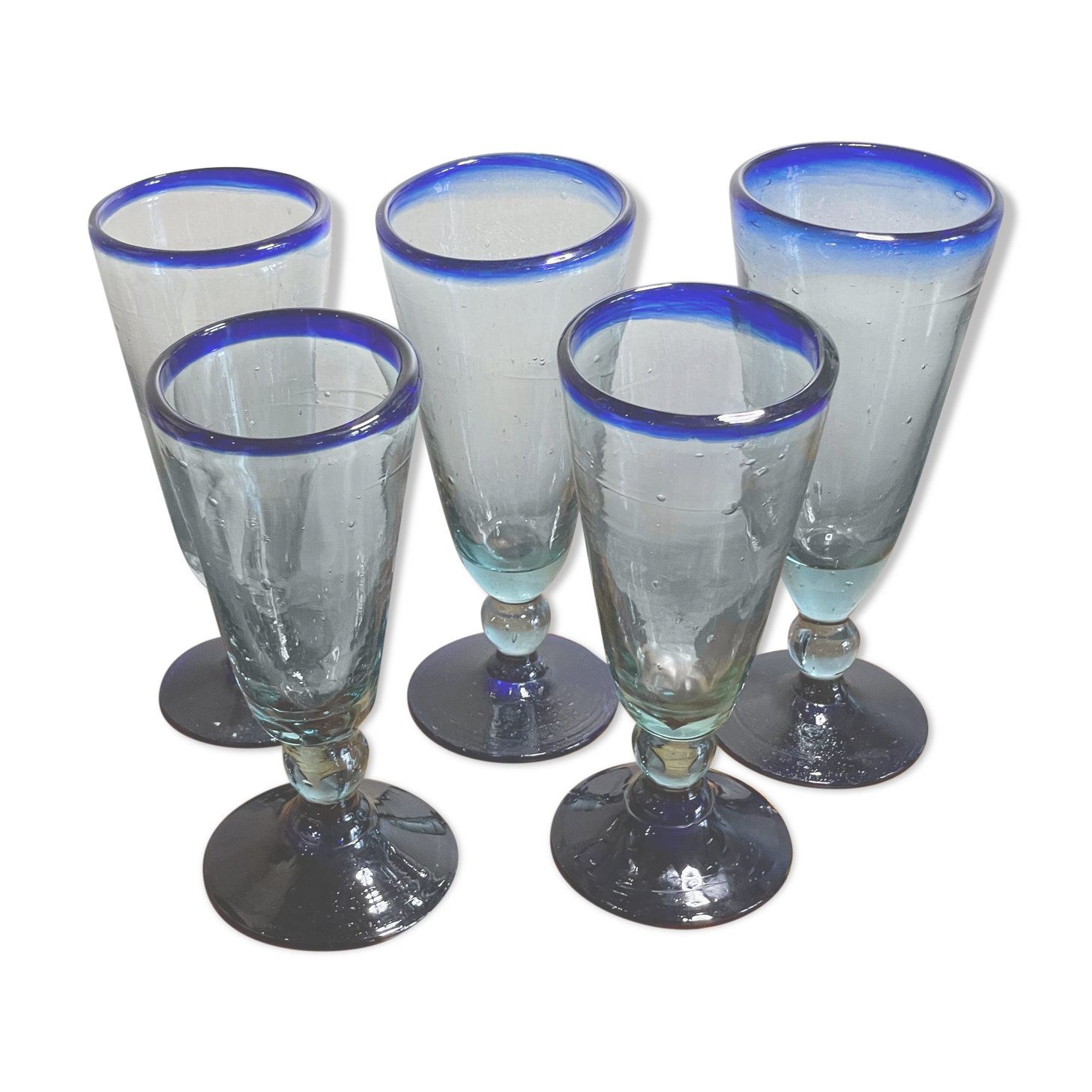 5 handmade foot glasses bubbled glass