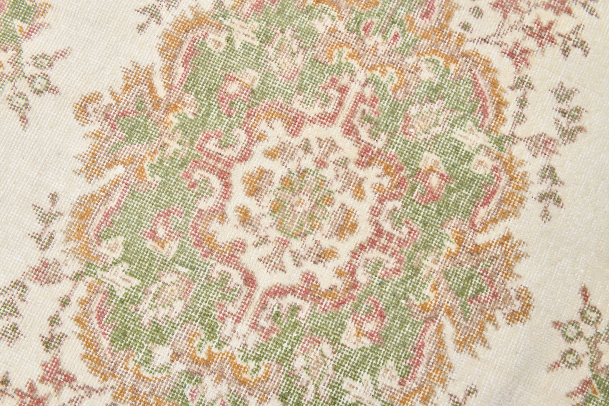 4x7 Beige and Green Floral Design Vintage Rug, Anatolian Rug, 113x207Cm
