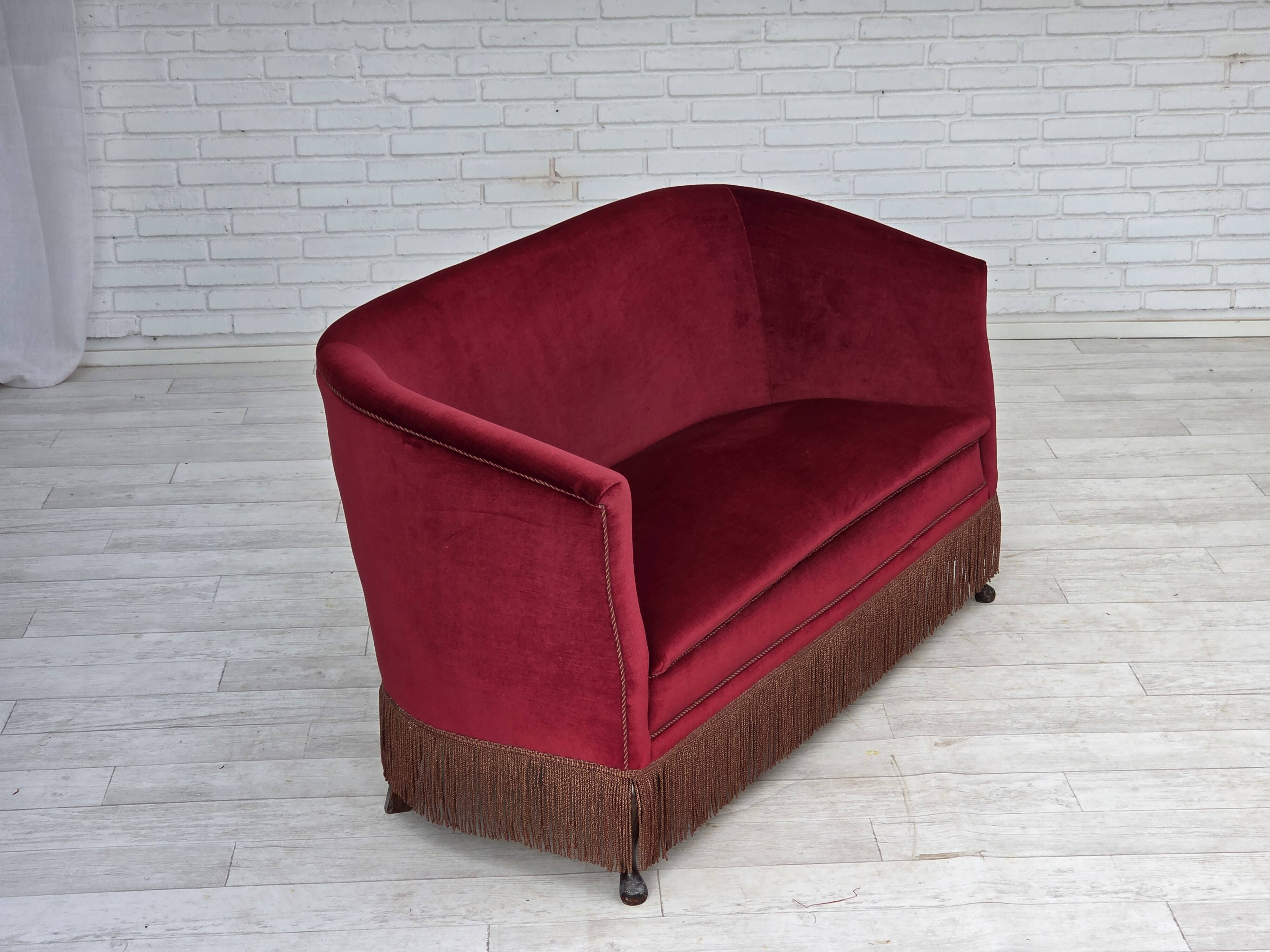 1960s, Danish 2-seater sofa, red furniture velour, ash wood legs.