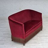 1960s, Danish 2-seater sofa, red furniture velour, ash wood legs.