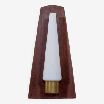 Vintage Danish teak, brass and opaline glass wall lamp