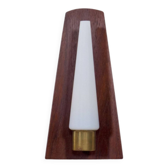 Vintage Danish teak, brass and opaline glass wall lamp