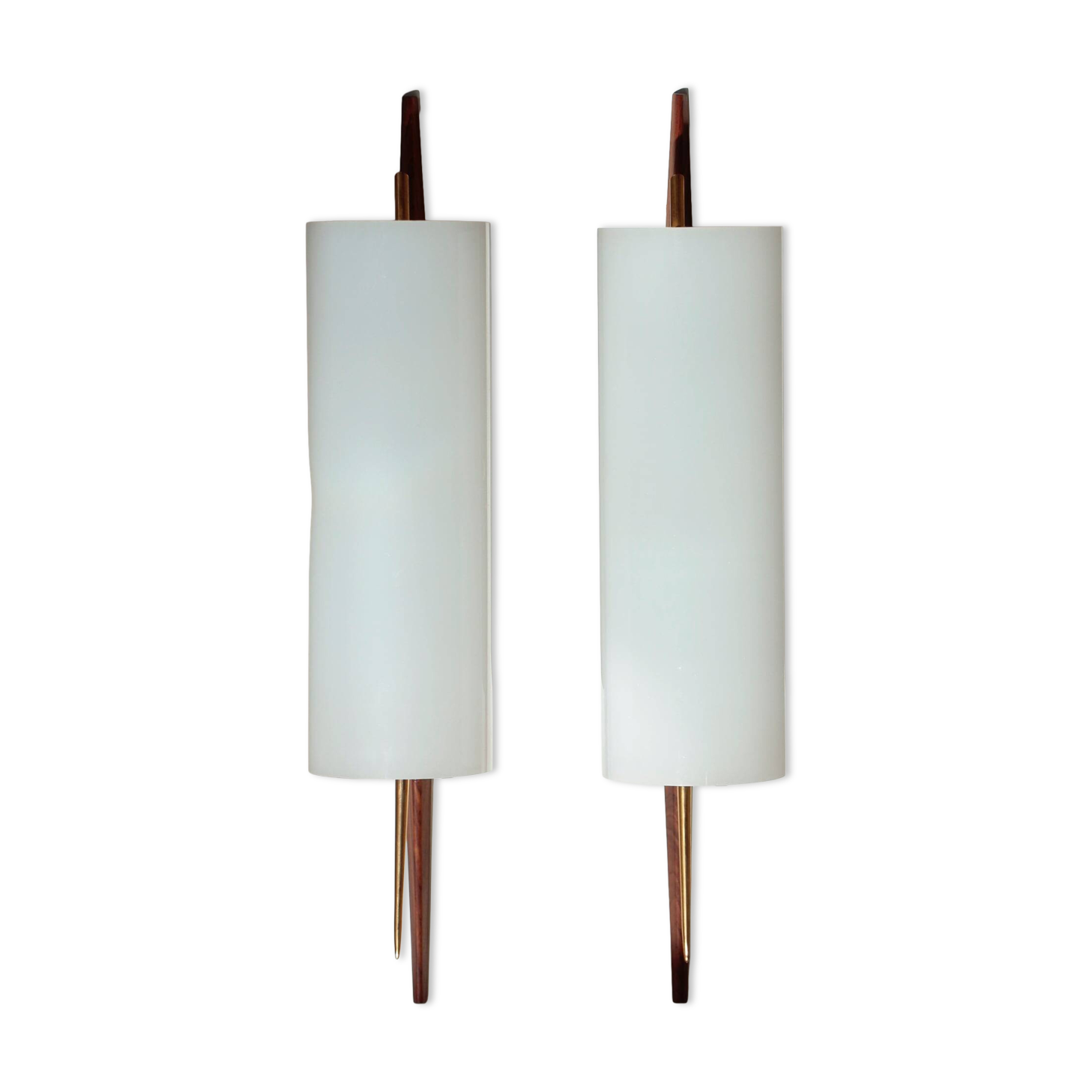 Modernist adjustable wall lights in teak and brass – 1950