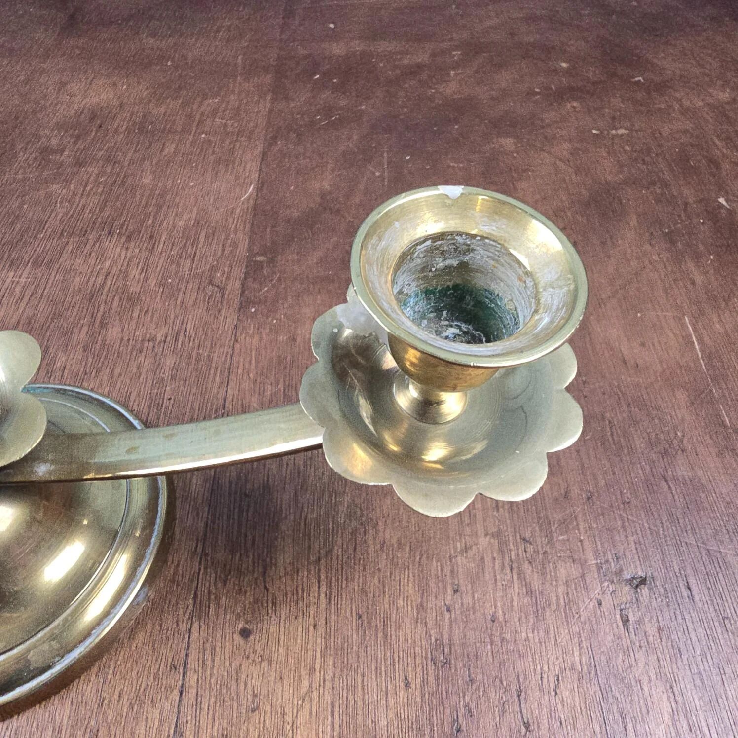 Vintage brass candle holder with 3 lights, flower drip trays, ideal for a centrepiece.