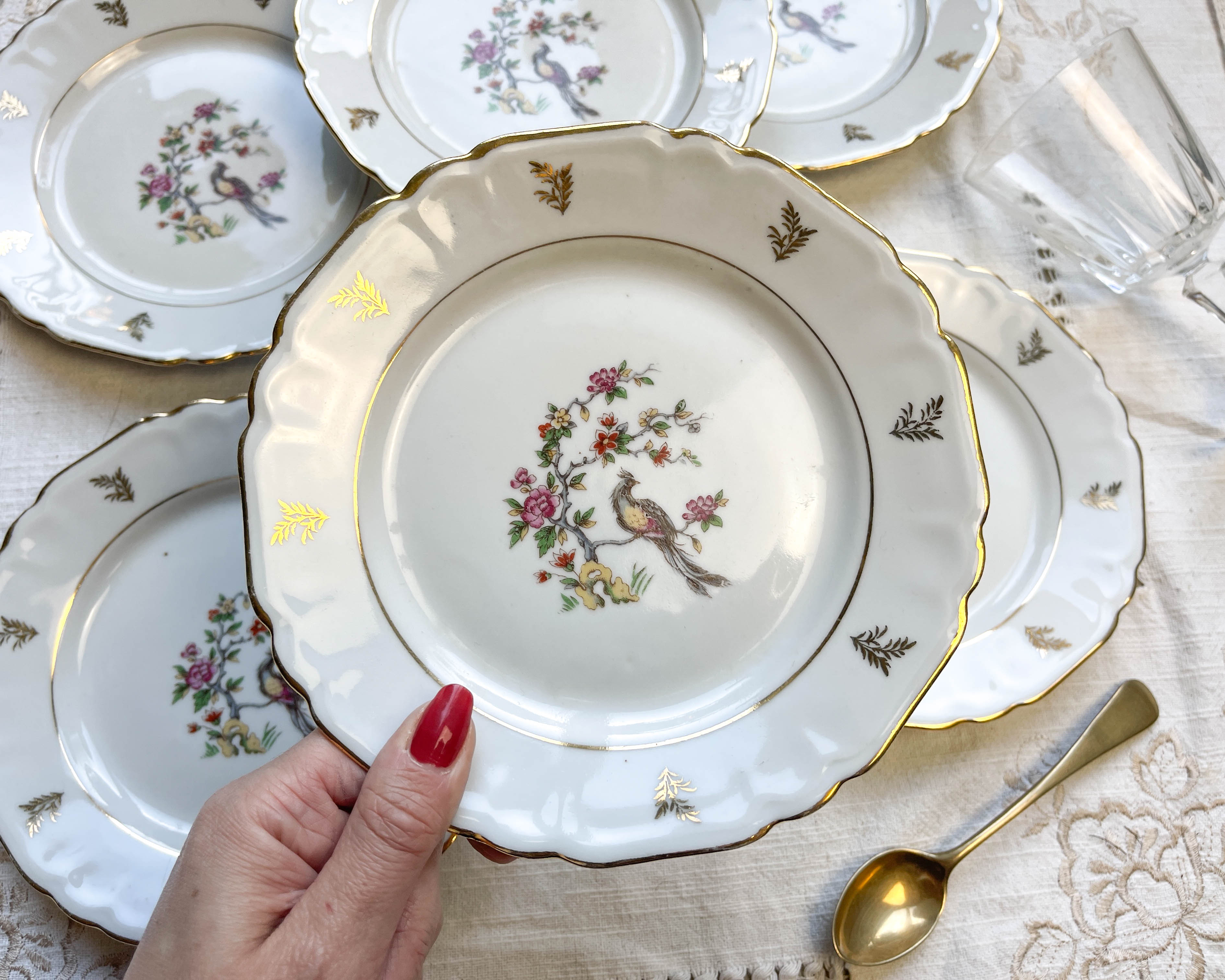 6 Limoges Berry porcelain plates with bird of paradise motif