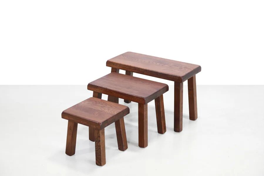 Set of three brutalist oak side tables 1970's