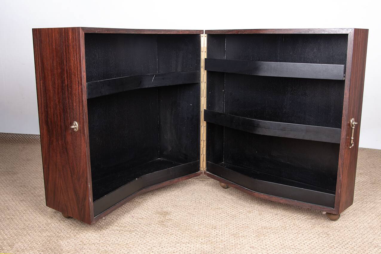 Danish bar cabinet on wheels in rosewood and brass by Jorgen Clausen