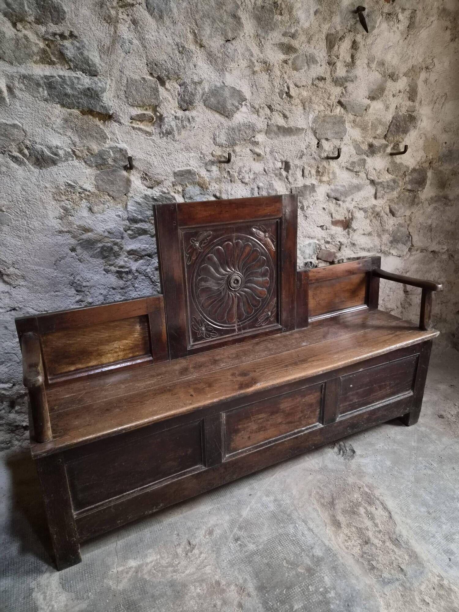 Old French popular art bench from Auvergne, circa 1800–1850