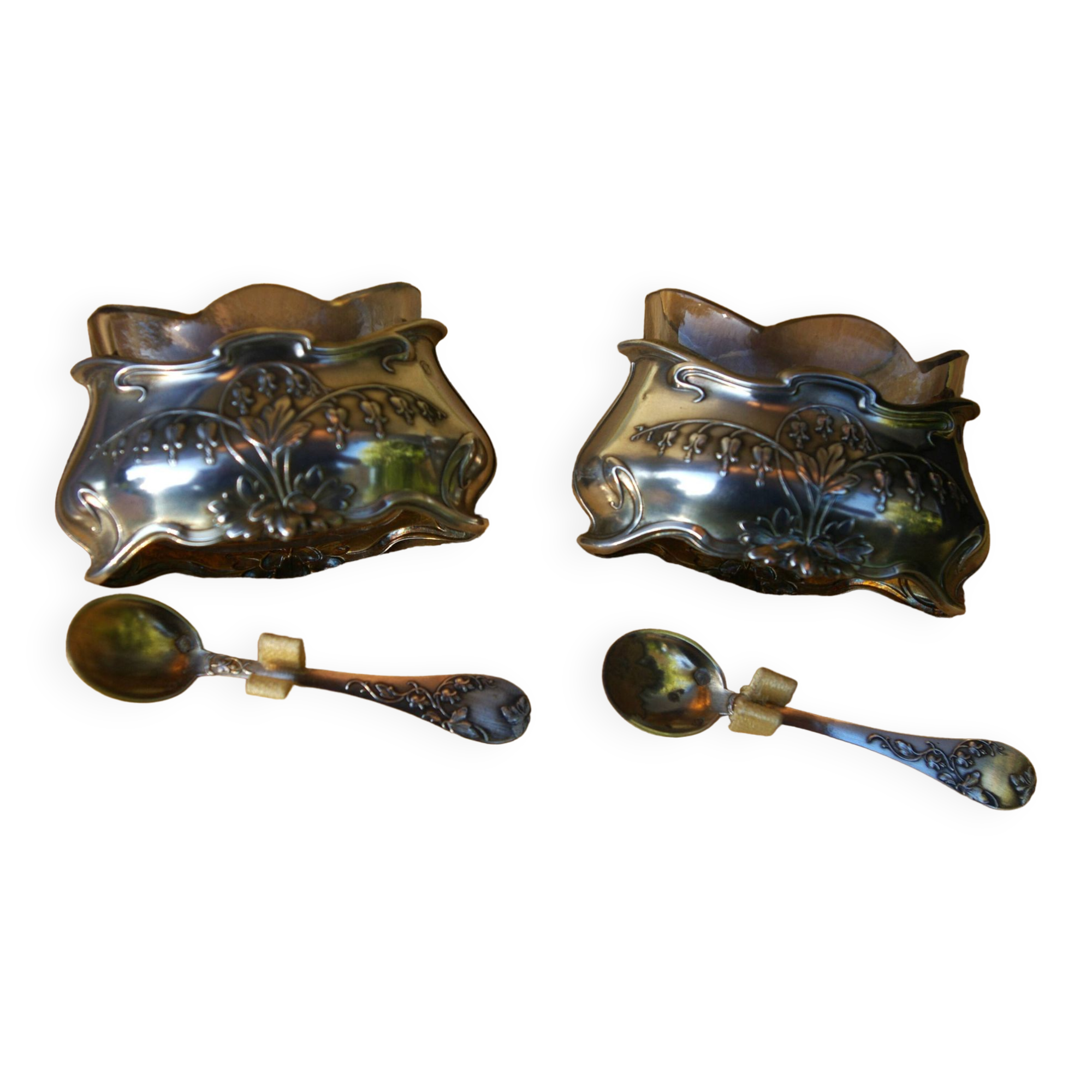 Pair of Art Nouveau Solid Silver Salt Bowls and Spoons