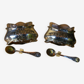 Pair of Art Nouveau Solid Silver Salt Bowls and Spoons