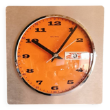 Vintage formica clock square silent wall pendulum "BC Paris silver orange"