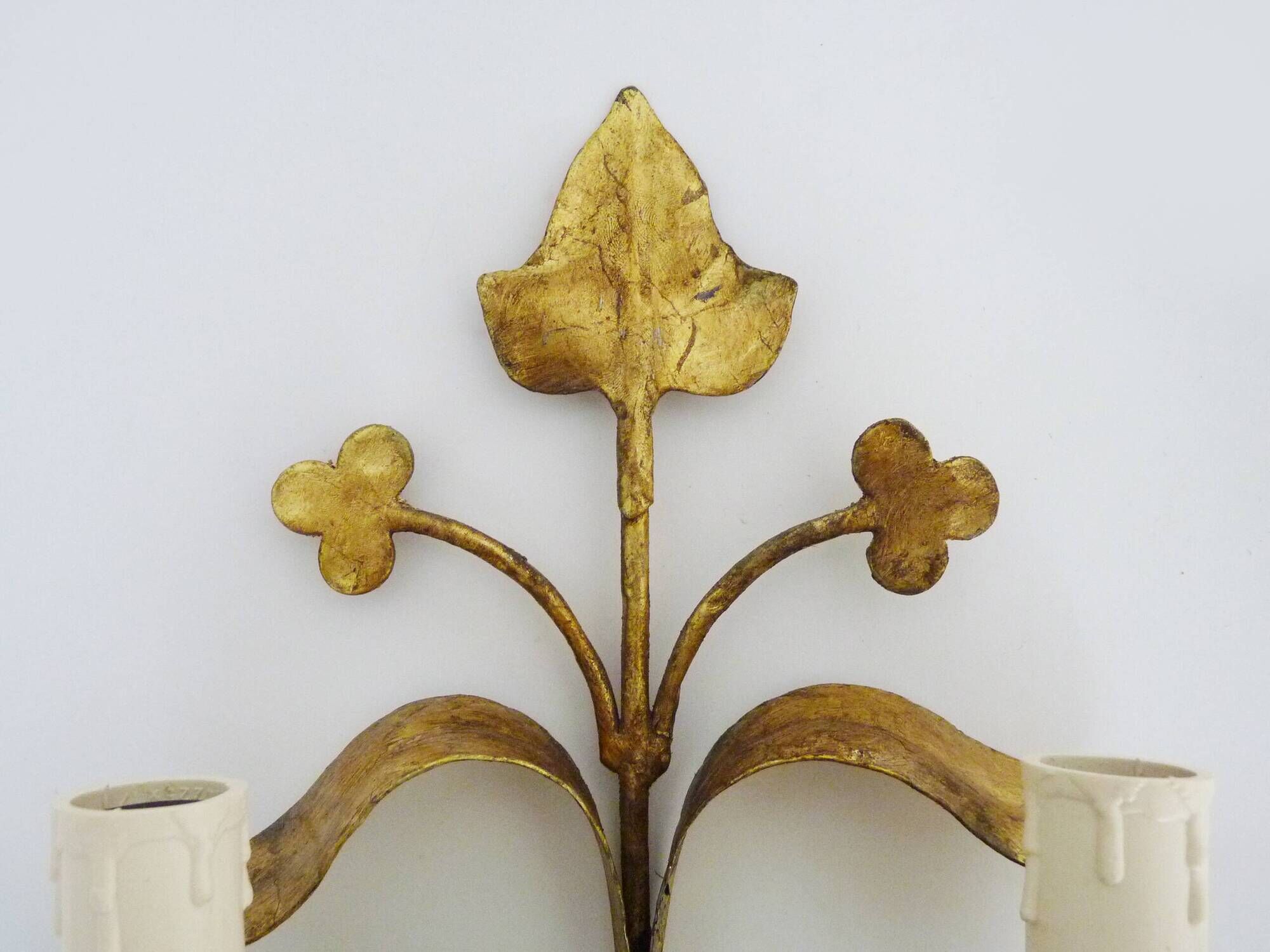 Pair of Italian wall lights with 2 gold leaf gilded arms. 70s 80s