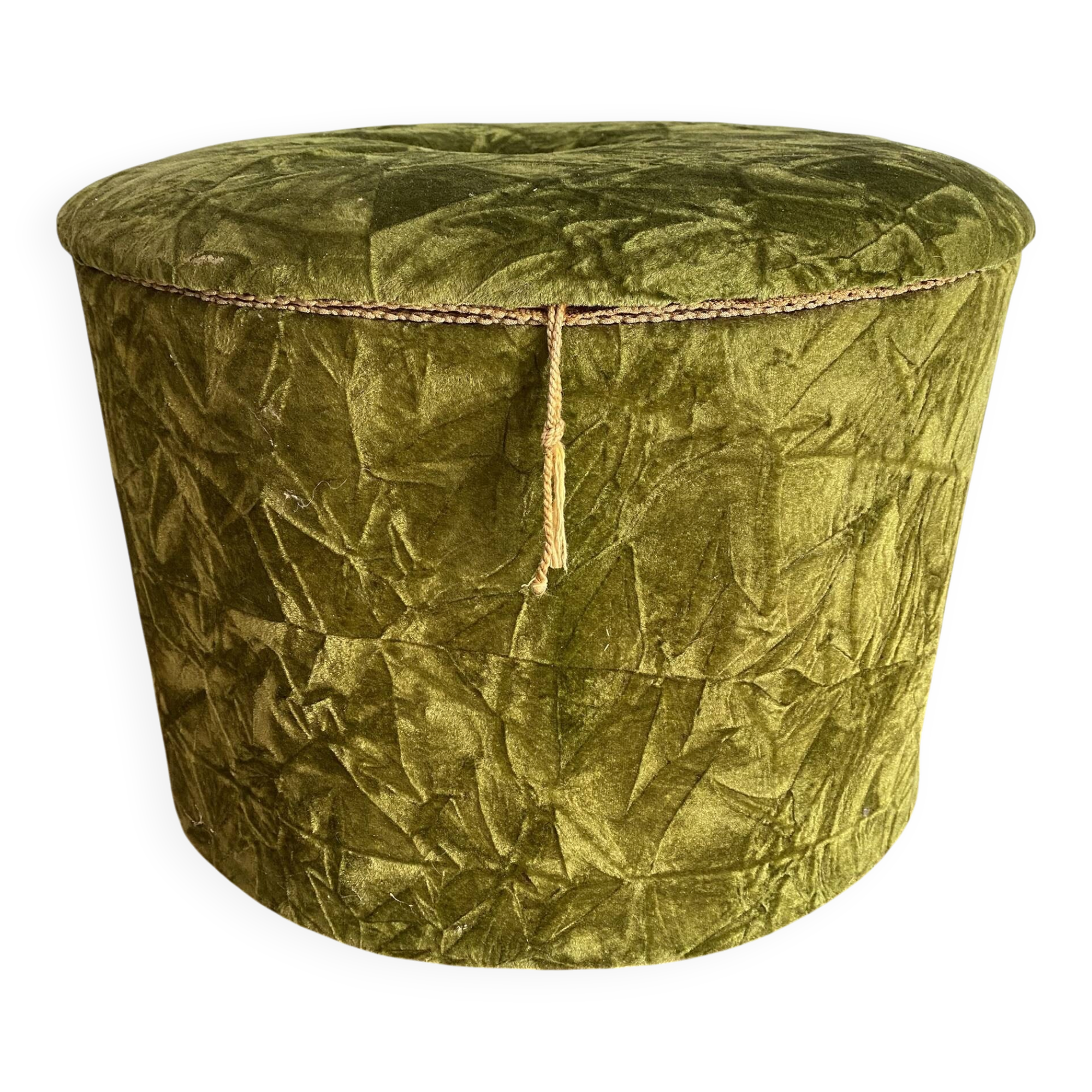 Green velvet storage pouffe from the 1960s.